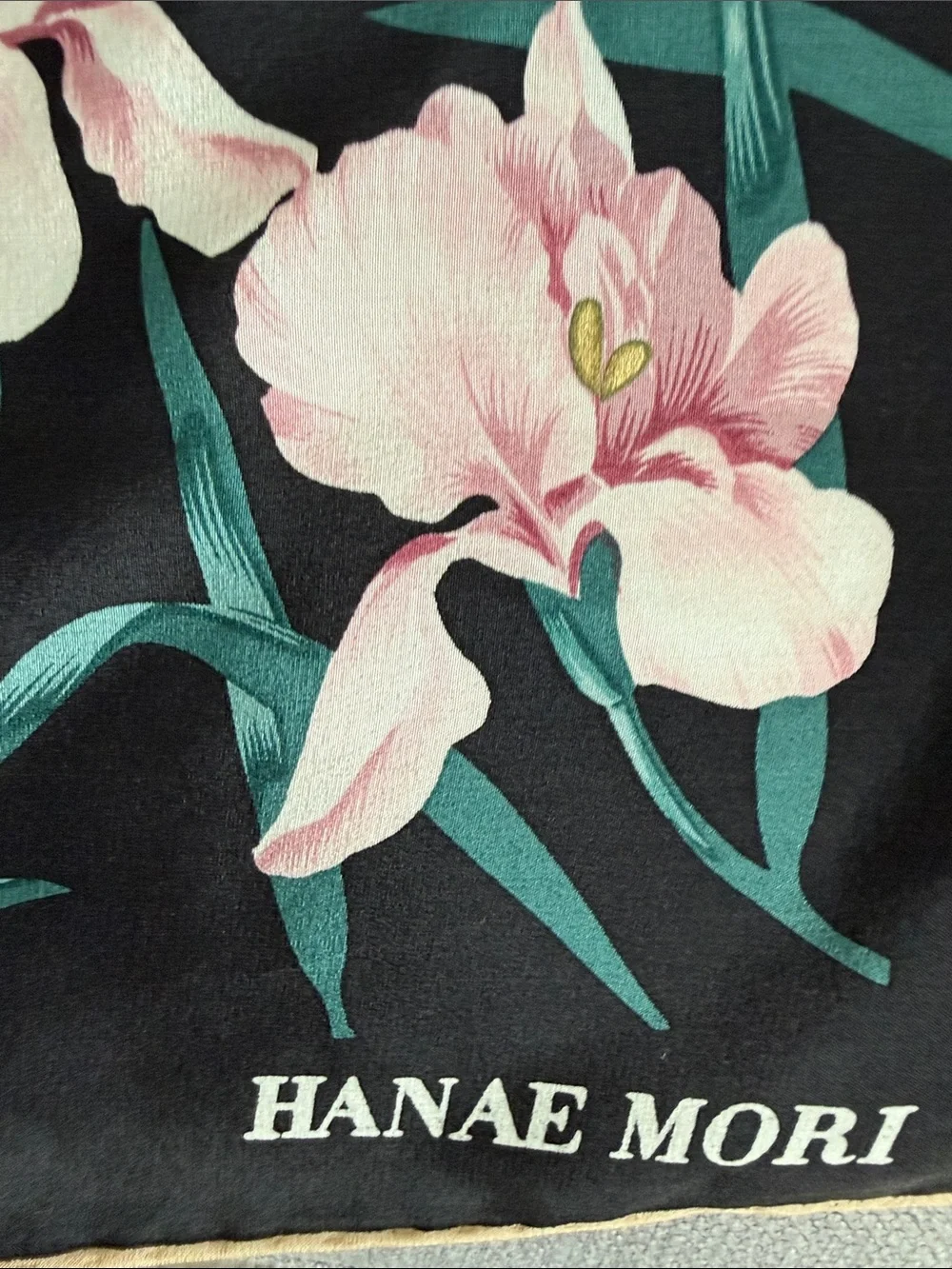 Hanae Mori Black Floral Silk Scarf - Pink & White Blooms 30 x 30
